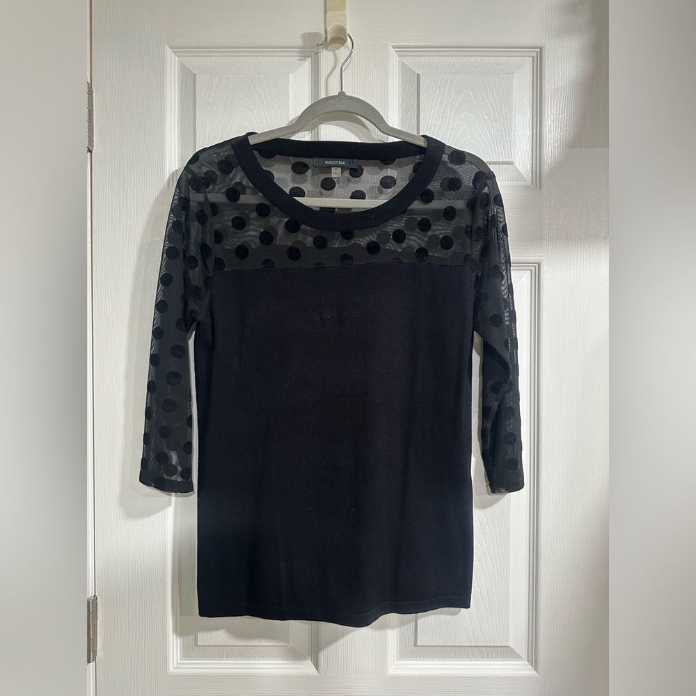 august silk Black Polka Dot Mesh Yoke Long Sleeve Top